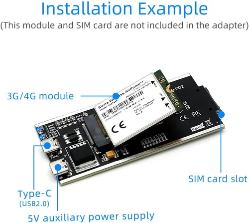 Vista 4 de HLT Adaptador NGFF (M.2) a USB 2.0 (tipo C) con ranura para tarjeta SIM e interfaz de alimentación auxiliar para módulo WWAN/LTE