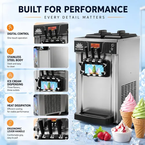 Vista 4 de Countertop 18-25kg/H Yield Soft Serve Ice Cream Machine, Commercial Three Flavor Ice Cream Maker, 3.5L x 2 Hopper with LED Panel Auto Clean, Perfect