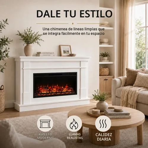 Vista 8 de Pemberly Row Mantel ancho con chimenea eléctrica lineal, 64 pulgadas de ancho, MDF laminado, acabado blanco, efecto de llama realista, control