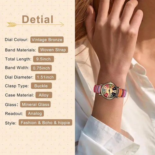 Vista 2 de Relojes para mujer - Boho Hippie para mujer, reloj arcoíris tejido de piel sintética