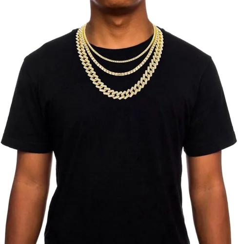 Vista 2 de HH BLING EMPIRE Cadena de eslabones cubanos y tenis dorados para hombre juego de collar de cadena cubana de diamantes para hombre cadena de joyería