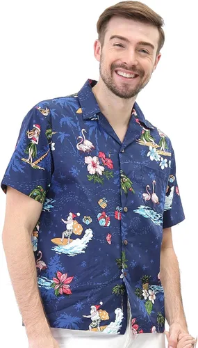 Vista 3 de Camisa de crucero hawaiano a juego para parejas, vestido de sirena, Papá Noel en color rojo hawaiano