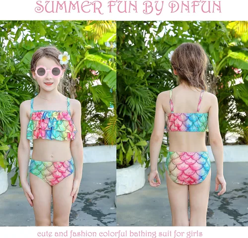 Vista 2 de DNFUN Traje de baño de sirena de 3 piezas para niñas, con cola de sirena, sin monoaleta