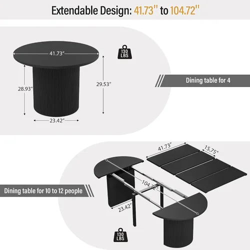 Vista 2 de weselon Mesa de comedor extensible de 42 a 105 pulgadas para 4 a 12, mesa de comedor ovalada expandible con base de pedestal estriada y pata