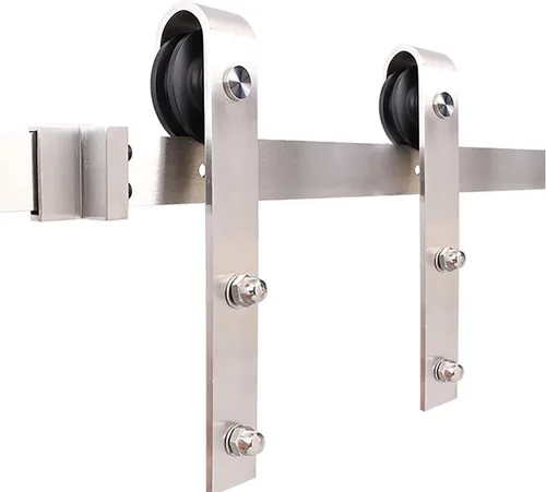 Vista 9 de Kit de herrajes clásicos de latón para puerta corrediza de granero de 5 pies para puerta interior, paquete de oro cepillado con mecanismo de cierre