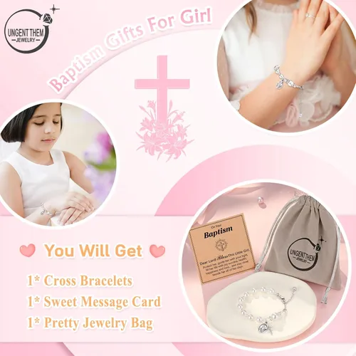 Vista 6 de UNGENT THEM Pulsera de perlas con cruz de rosario, bautismo, comunión, confirmación católica, regalos de Pascua para niñas, nieta, hija, sobrina