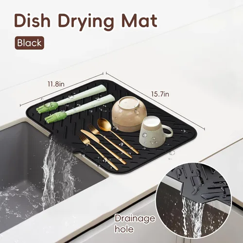 Vista 5 de Black Silicon Dish Drying Mat for Kitchen Counters 15.7” x 11.8” Negro