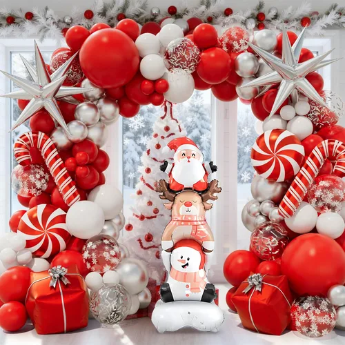 Vista 6 de Kit de arco de guirnalda de globos de Navidad con globos rojos y blancos plateados, globos de confeti, dulces, bastón, estrella de explosión, caja