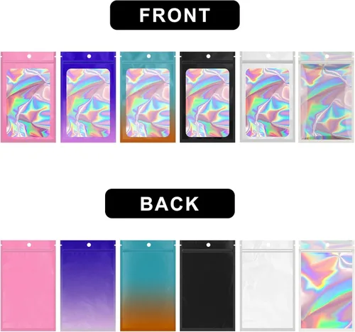 Vista 7 de Paquete de 100 bolsas de Mylar con ventana transparente, holográficas, a prueba de olores, para pequeñas empresas, bolsas resellables