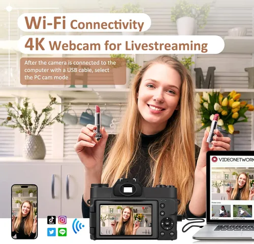 Vista 7 de Cámara digital 4K, cámara de vlogging con WiFi para YouTube, enfoque automático 16X Zoom 48MP Cámaras Fotografía Tarjeta SD de 64 GB, Gran Angular
