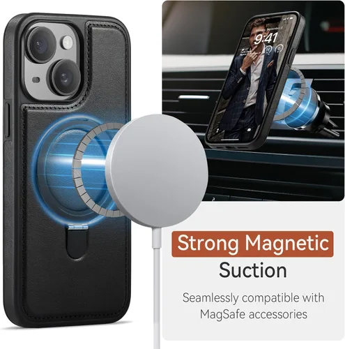 Vista 4 de Funda para iPhone 13 con soporte compatible con Magsafe, color negro Magnetic Kickstand, with Tempered Glass Screen Protector, Durable PU Leather