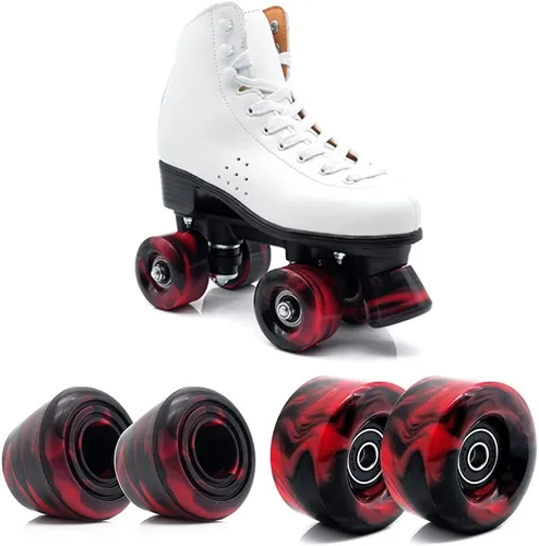 Vista 2 de Paquete de 8 ruedas para patines con rodamientos instalados con 2 topes de dedos para patinaje de doble fila, 82A 1.260 in x 2.283 in (rojo)