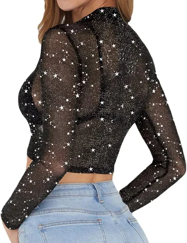 Vista 3 de MANGOPOP Women's Short Sleeve Long Sleeve Sheer Mesh Crop Tops Tee Shirt Blouse