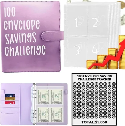 Vista 7 de Topaliving Carpeta de desafío de sobres de 100 días, forma fácil y divertida de ahorrar $5,050, carpeta de presupuesto con sobres de efectivo Azul