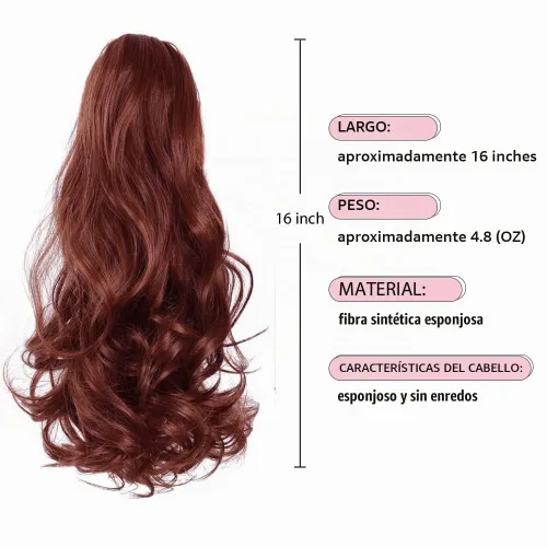 Vista 2 de Extensiones de cabello castaño rojizo, extensiones de cola de caballo con clip de garra de 16 pulgadas para mujer, cabello rizado, peluca de cola