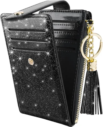 Vista 19 de Cartera delgada con bloqueo RFID para mujer, cartera de cuero con múltiples tarjetas, cartera plegable con borla, bolsillo con cremallera