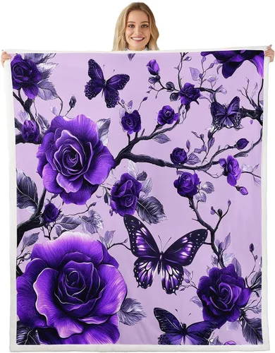 Vista 19 de Manta de franela azul rosa para todas las estaciones, manta de cama gótica de mariposa para decoración del hogar kawaii, manta rústica con flores