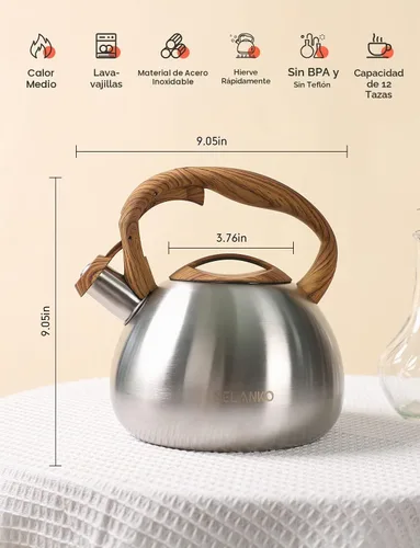 Vista 5 de BELANKO Hervidor de té de 2.7 cuartos de galón para estufas, tetera de acero inoxidable de grado alimenticio con silbato fuerte, mango de madera