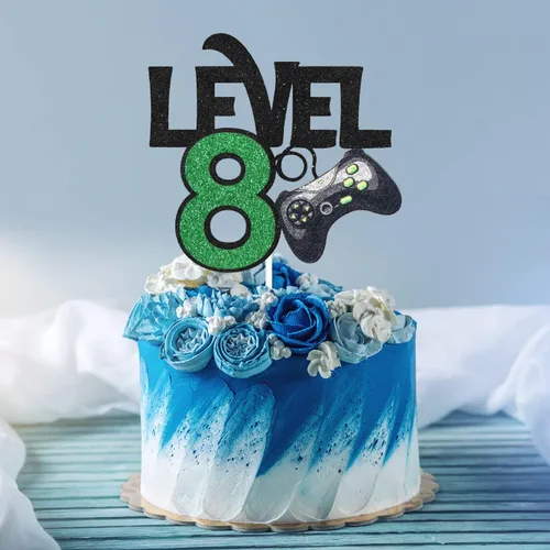 Vista 3 de Decoración para pastel de juego de nivel 8 – Suministros de fiesta de 8 cumpleaños para niños – Decoración de fiesta de juegos ganador
