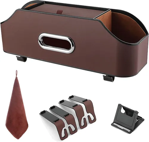 Vista 8 de Organizador de asiento trasero de automóvil con 2 portavasos para bebidas, soporte para pañuelos, ganchos para asiento de automóvil