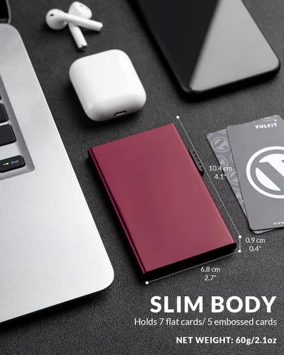 Vista 3 de VULKIT Tarjetero minimalista Pop Up Tarjetas RFID Protección Slim Metal Wallet, Vino, Minimalista