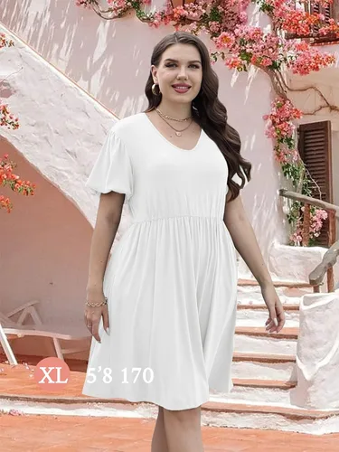 Vista 4 de AGSEEM Vestidos de verano para mujer, casual, con bolsillos, manga abombada, cuello en V