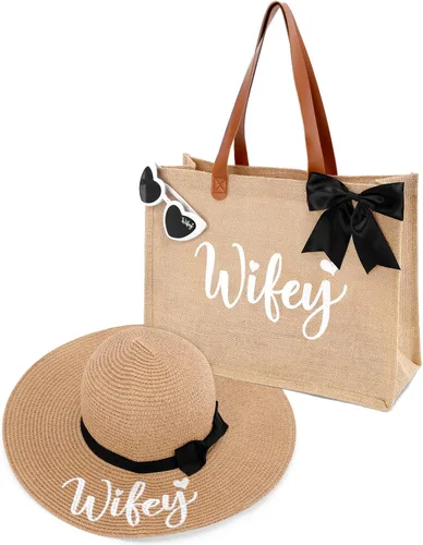 Vista 9 de Percozzi Wifey Bride Tote Bag Sun Hat Glasses Set Bride-To-Be Shower Gift Honeymoon Jute Bag Kit