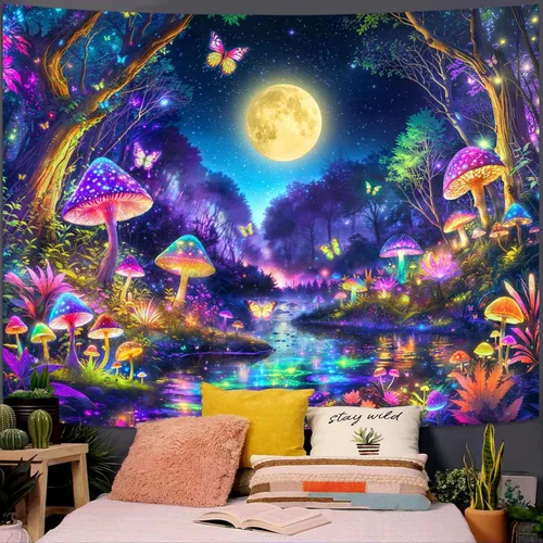 Vista 16 de Kanuyee Tapiz de luz negra de neón para colgar en la pared, bosque encantado, cascada, tapices para dormitorio, tapices UV, para colgar en la pared