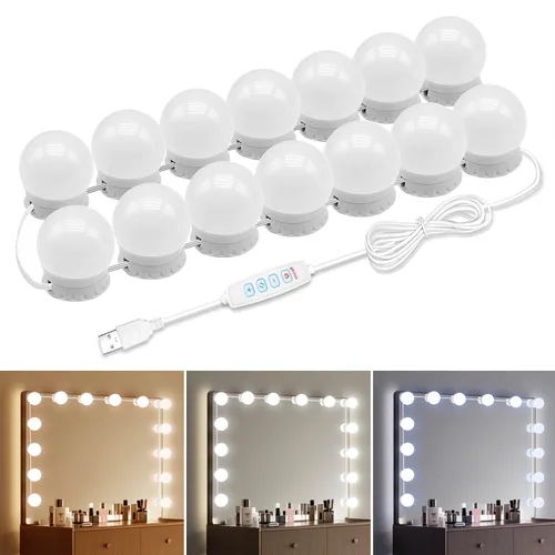 Vista 8 de Luces LED para espejo de tocador con 12 focos adhesivos regulables, 3000K 4500K 6500K y 10 niveles de brillo ajustables, enchufe con cable USB