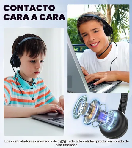 Vista 4 de Auriculares con cable para niños con micrófono para aula, escuela, estudiantes K-12, auriculares con cable Jack de 0.138 in para Chromebooks