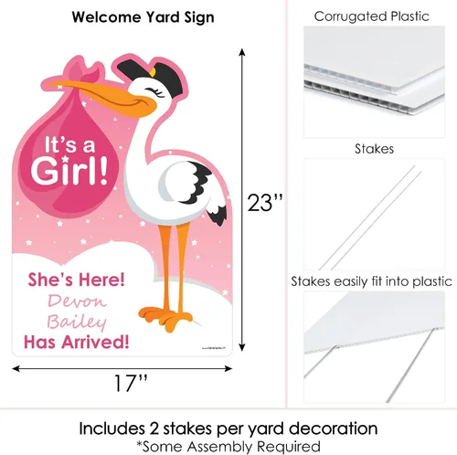 Vista 5 de Big Dot of Happiness Letrero de llegada de bebé personalizado con texto en inglés «It's A Girl Stork»