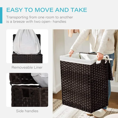 Vista 4 de Cesta de ropa con tapa, cesta de lavandería de 90 litros con tapa, cestas grandes para lavandería con 2 bolsas extraíbles con forro, cesta de Marrón
