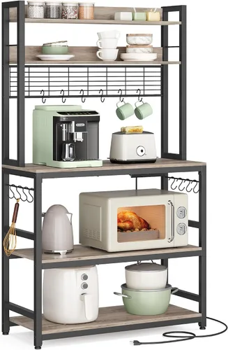 Vista 10 de VASAGLE Estante de panadería con toma de corriente, soporte para microondas, estante de almacenamiento alto de cocina, con panel de alambre