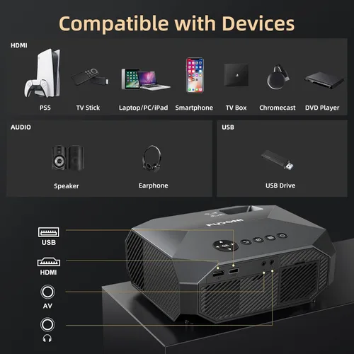 Vista 7 de FUDONI Proyector con WiFi y Bluetooth, soporte 4K para exteriores, proyector HD 1080P Max 300 pulgadas, proyector portátil de cine en casa Negro