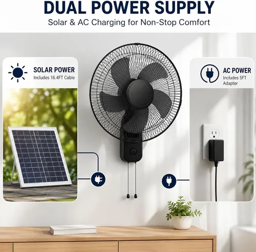 Vista 4 de 16" Solar Barn Fan for Chicken Coop and Greenhouse 90°Oscillating Fans with Remote Control, 5 Blades 3 Speeds, Adjustable Tilt, 16ft Extension Cable