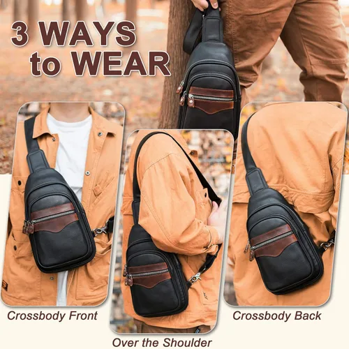 Vista 2 de CENUNCO Bolso bandolera de cuero genuino para hombres y mujeres, mochila cruzada oculta en el pecho, bolsa de viaje antirrobo, Negro -, Bolsa