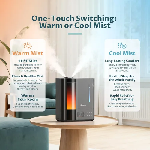 Vista 2 de BREEZOME Humidificadores de 8L para dormitorio, niebla cálida y fría para habitación grande, humidificador ultrasónico de llenado superior, sensor