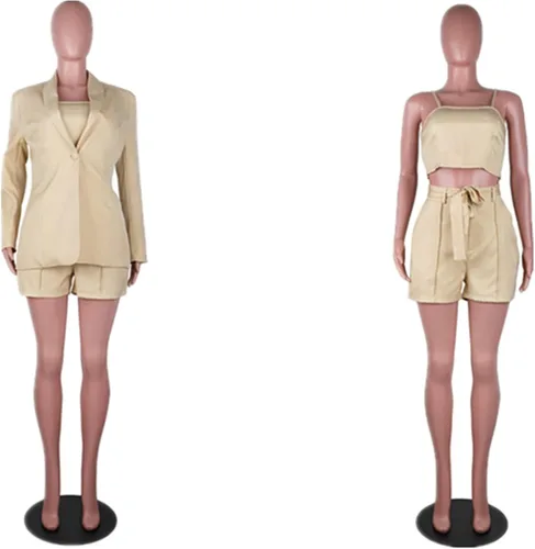 Vista 4 de Conjunto de 3 piezas de blazer para mujer, blazer con botón frontal abierto + blusa corta + pantalones cortos con cinturón, conjuntos de traje