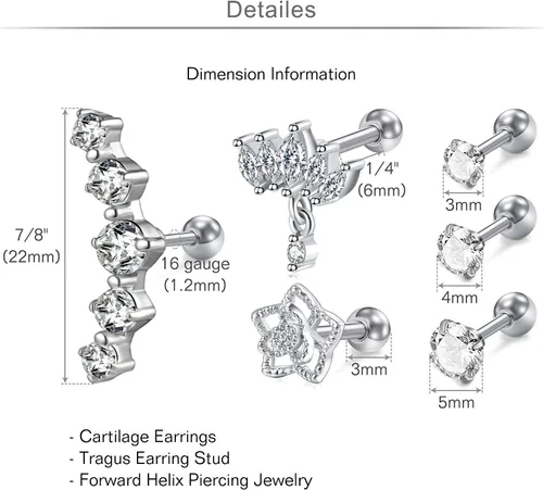 Vista 3 de MODRSA 20g 16g Cartilage Earrings for Women Silver Gold Helix Piercing Jewelry Surgical Steel Hypoallergenic Flat Back Earrings Cartilage Hoop for