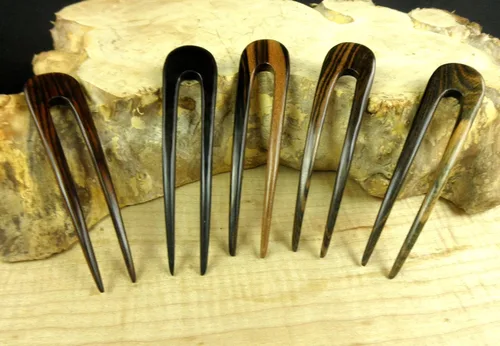 Vista 8 de JWL (1) S.E. Asian Ebony Dos puntas curvadas 4.5 pulgadas horquilla de pelo Pic Pin Fork - Estilo hawaiano