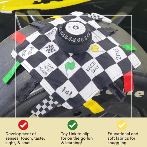 Vista 5 de Baby Jack & Co - Manta de felpa sensorial de 10 x 10 pulgadas para deportes de carreras, juguete de etiqueta para bebés, juguetes de cochecito
