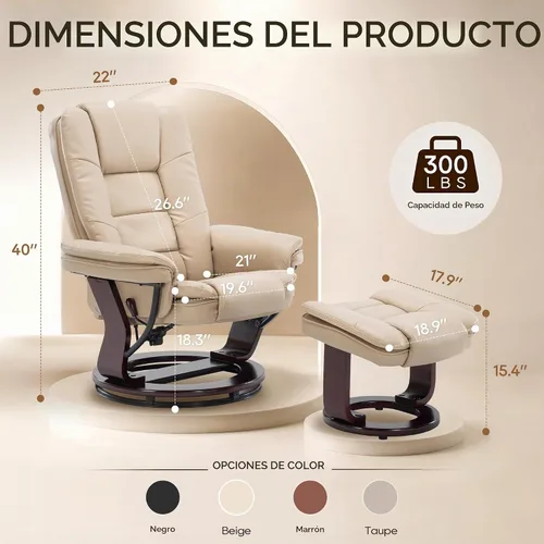 Vista 2 de Sillón reclinable giratorio con sofá reclinable otomano, reposapiés, juego Beige