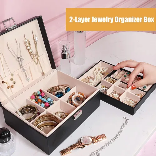 Vista 7 de YEEKEN Joyero organizador para mujeres y niñas, 2 capas grandes con cerradura, regalo ideal de piel sintética con bandeja extraíble para collares