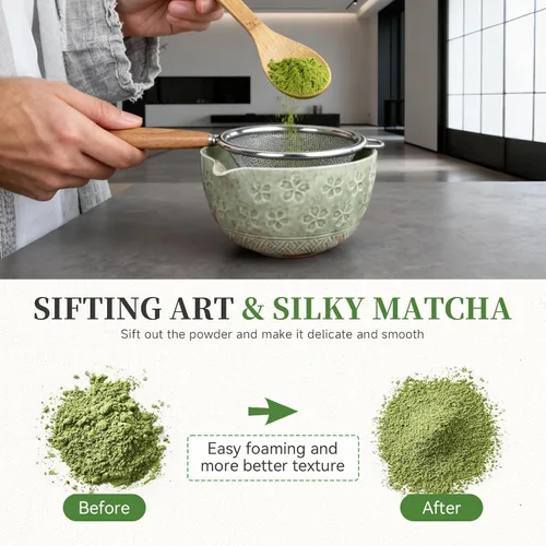 Vista 5 de Juego de batidor de matcha, utensilios de ceremonia de té japonés (8 piezas) con cuenco de matcha con boquilla (19 onzas), batidor de bambú, Verde