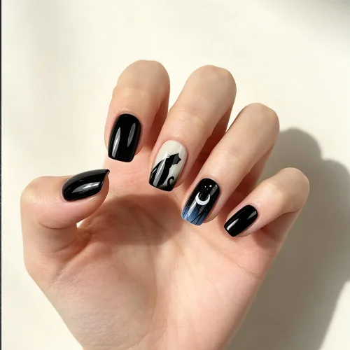Vista 66 de Uñas postizas a presión medianas con diseño geométrico blanco almendra – 24 uñas postizas reutilizables de ABS brillante, fácil de aplicar, juego