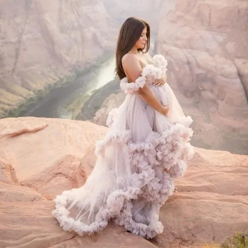 Vista 5 de Bata de tul para mujer, vestido de maternidad para sesión de fotos, volantes hinchados, lencería nupcial, bata de baño, bufanda de boda con ilusión
