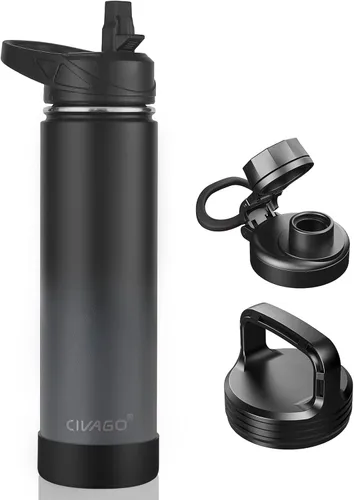 Vista 15 de CIVAGO Botella de agua aislada de 22 onzas con pajita, frasco de agua deportiva de acero inoxidable con 3 tapas