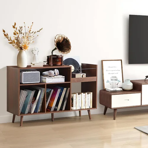 Vista 8 de Soporte para tocadiscos de 45.3 pulgadas con almacenamiento de vinilo, mesa giratoria de madera con capacidad para hasta 350 álbumes, moderno
