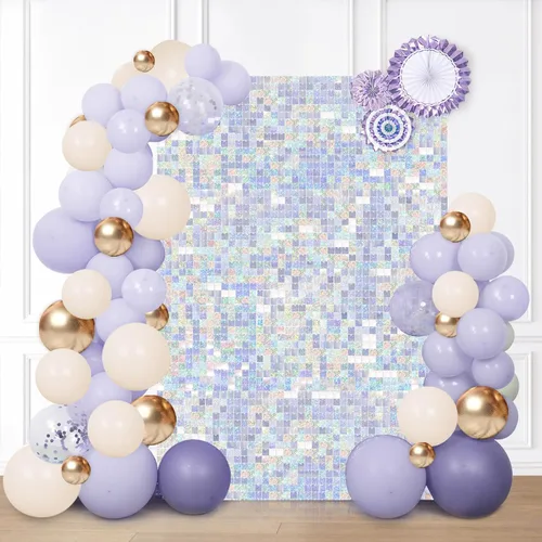 Vista 18 de 12 paneles cuadrados de lentejuelas brillantes para pared color azul claro (Baby Blue) telón de fondo decorativo para fiestas de bodas