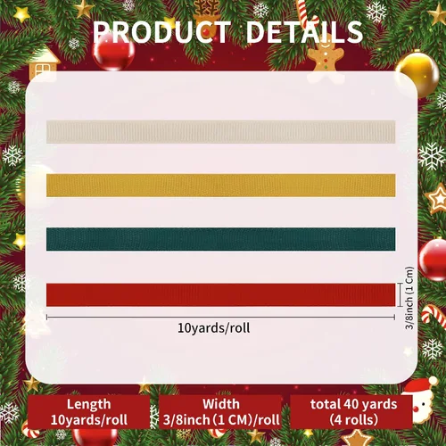 Vista 2 de TONIFUL 4 Rolls 3/8 Inch Christmas Grosgrain Ribbon Gift Wrapping Ribbon Christmas set